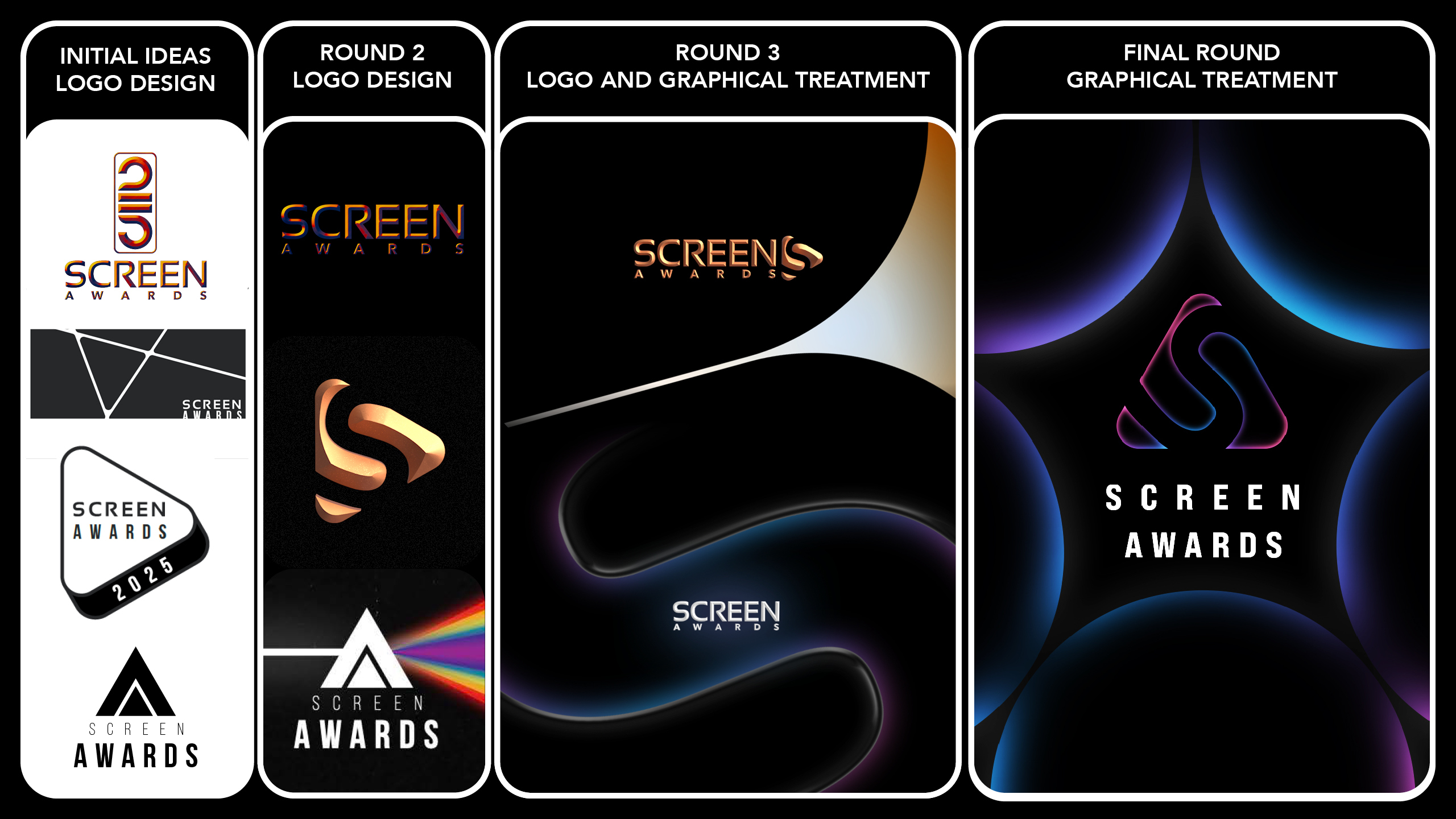 Screen Awards 2025 logo design development showing typography and branding elements