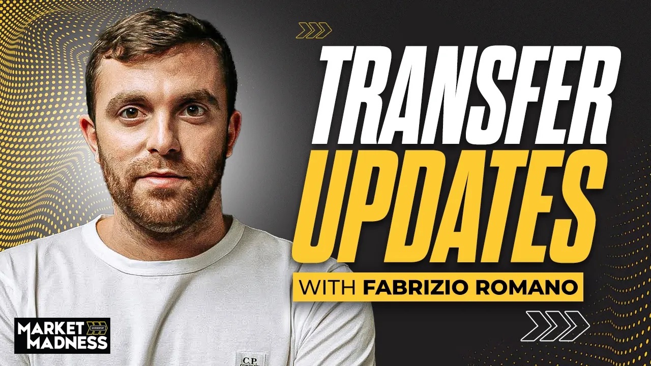 Fabrizio Romano discussing live football transfer updates during the GiveMeSport Market Madness Vodcast episode.