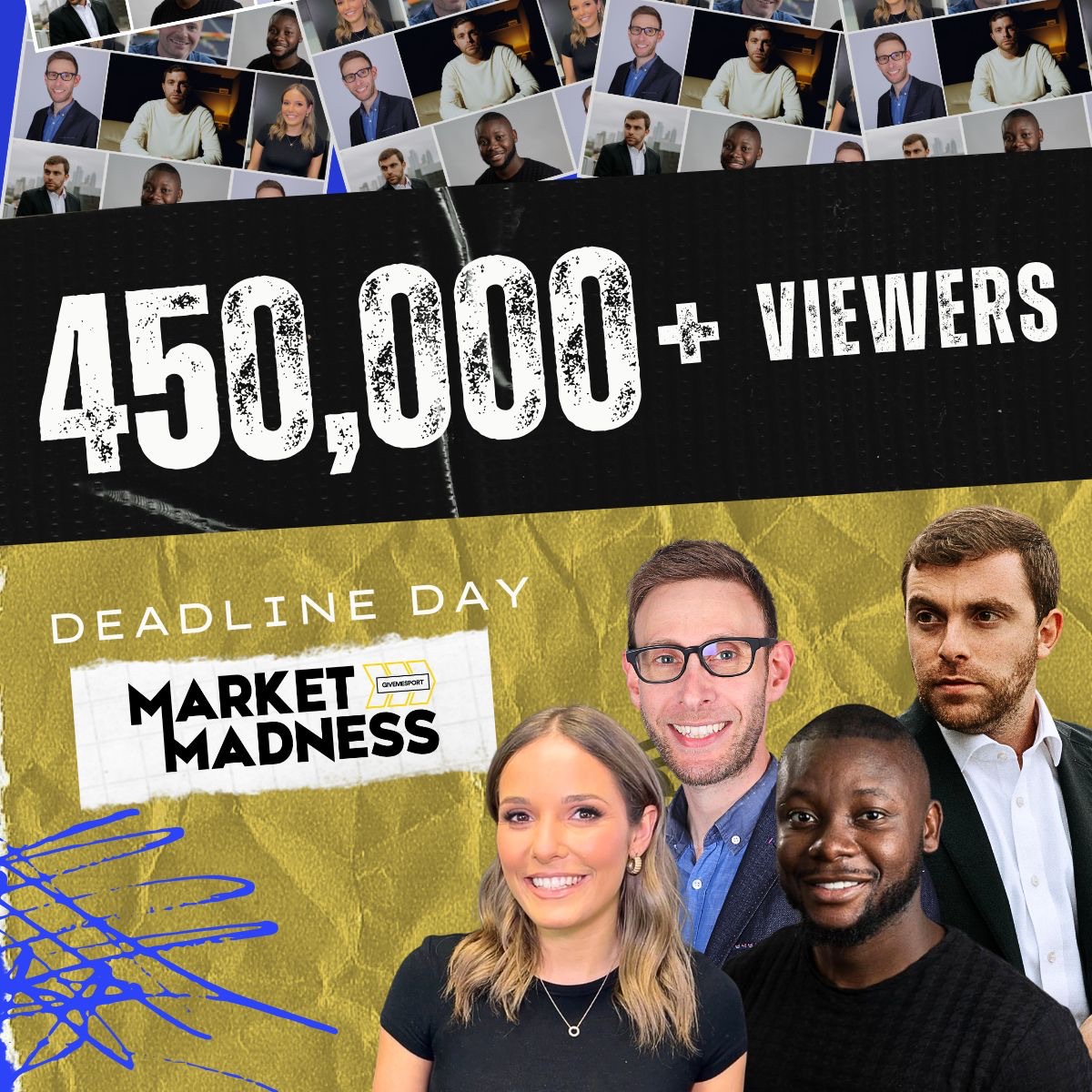 Market Madness Vodcast segment highlighting January transfer window coverage and 450,000 live viewers for GiveMeSport.